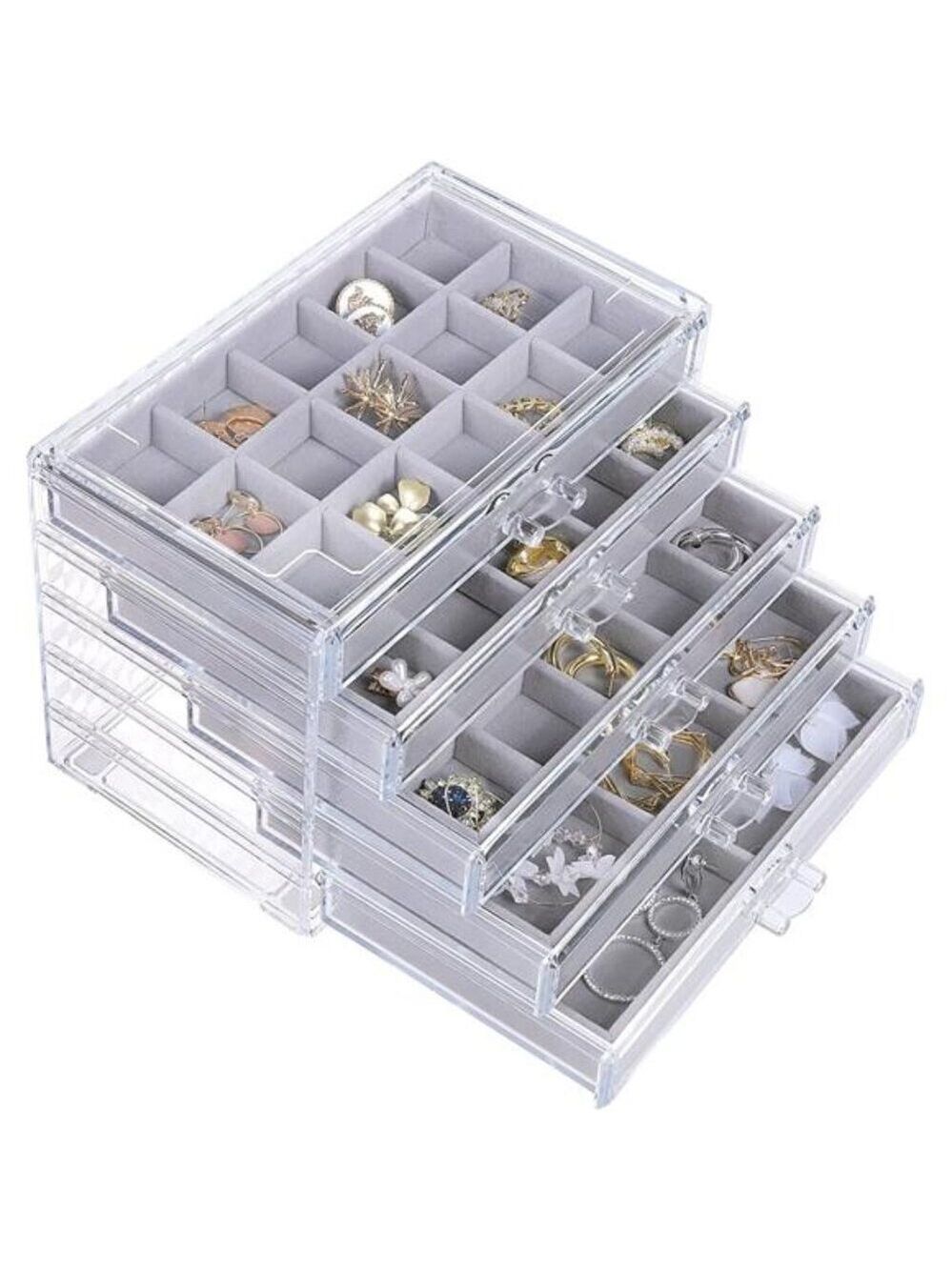 Earring Jewelry Organizer Acrylic Box 5 Drawers Velvet Display Holder Gray Women